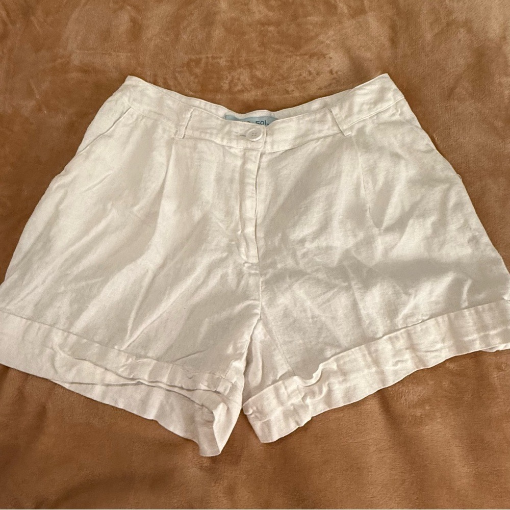 Blue Sol Womens White Linen Blend High Waisted Button Tab Shorts Size 6